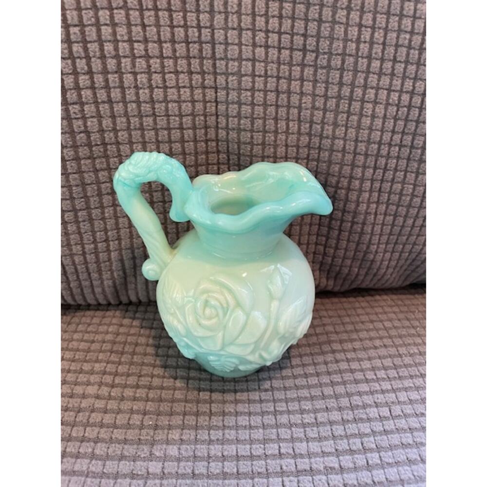 Vintage Avon Victorian Style Small Pitcher Jade Green Blue Milk Glass - Picture 2 of 3